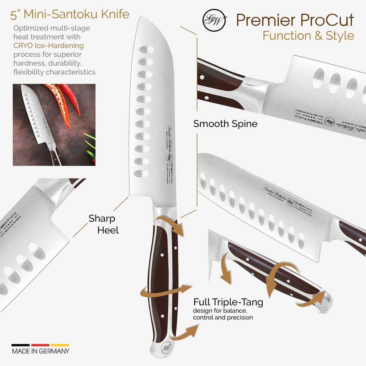 Gunter Wilhelm Thunder Santoku пышақ, 5 дюйм | Қою-қоңыр ABS тұтқасы SKU: 30-317-0405